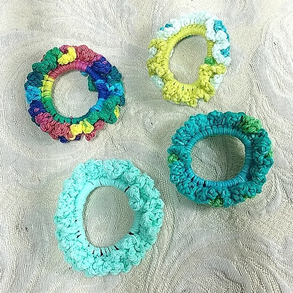 Scrunchies crocheted handmade lot of 4 bundle turquoise blue yellow multicolor